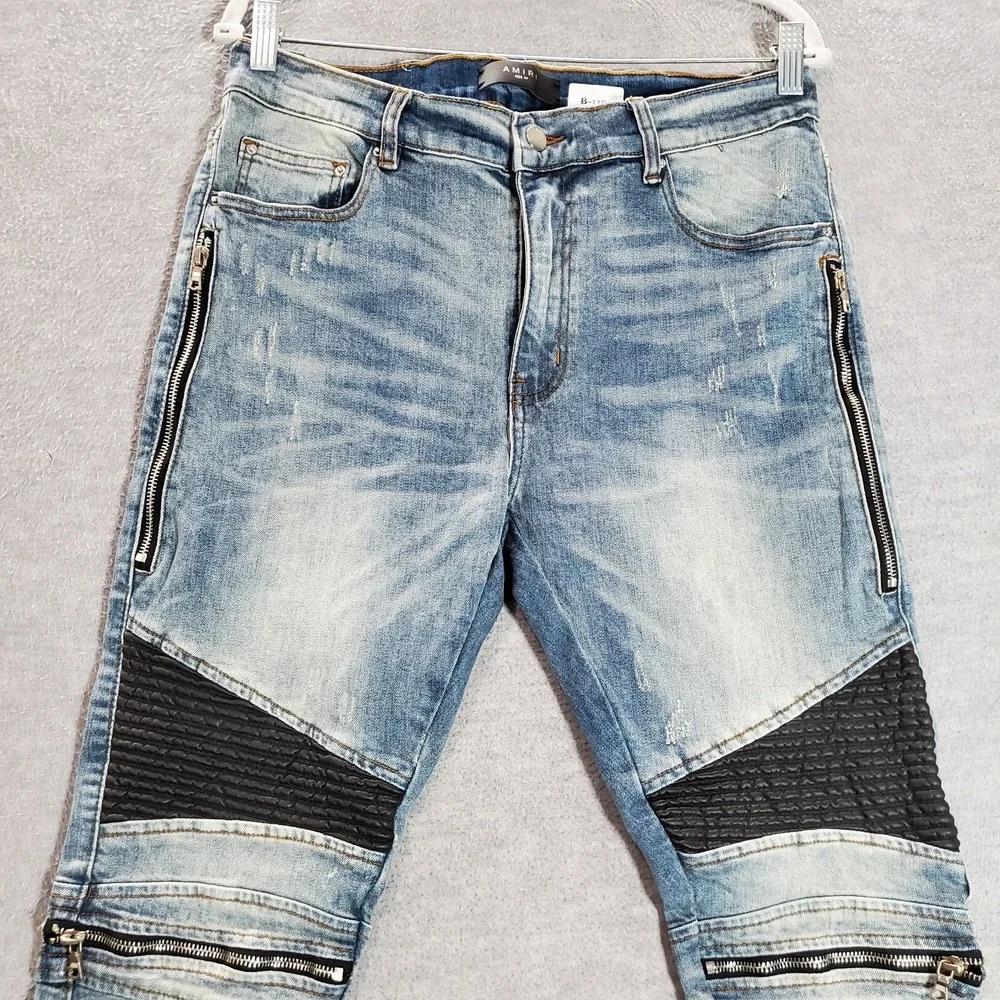 Amiri Men Jeans 34 Blue Denim‎ Slim Biker Moto Punk Streetwear Zipper Splice